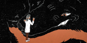 Illustration of a nurse examining a wolf