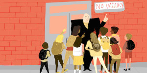 illustration of adult telling students there is no vacancy in the school