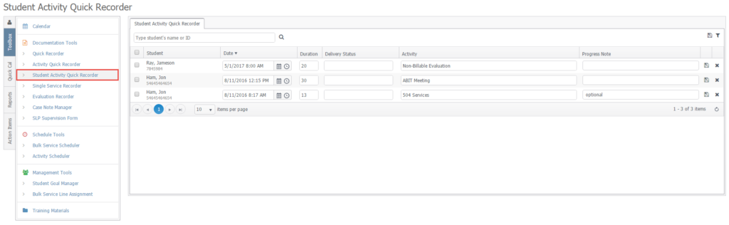 student activity quick recorder