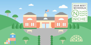 cartoon picture of school with Niche branding