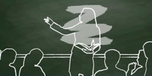 drawing of teacher who is erased with students on a chalkboard