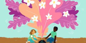 two kids sitting under a pink tree with flowers