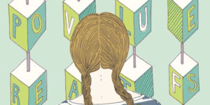 back of cartoon girl's head looking at letter blocks