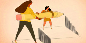 cartoon of female adult helping a child hold a giant pencil