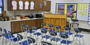empty desk chairs and teacher desk